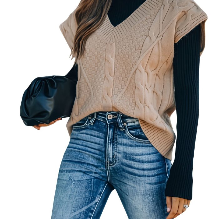 Cable Oversized Sweater Vests, Casual Loose V-Neck Sleeveless Fall Winter Knit Sweater Vest, Women's Clothing