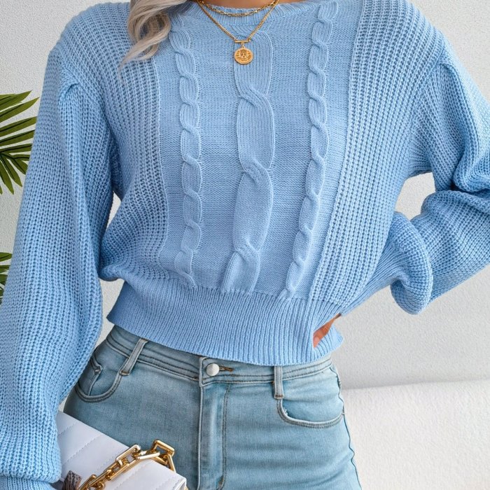 Women's Sweater Round Neck Texture Lantern Sleeve Sweater