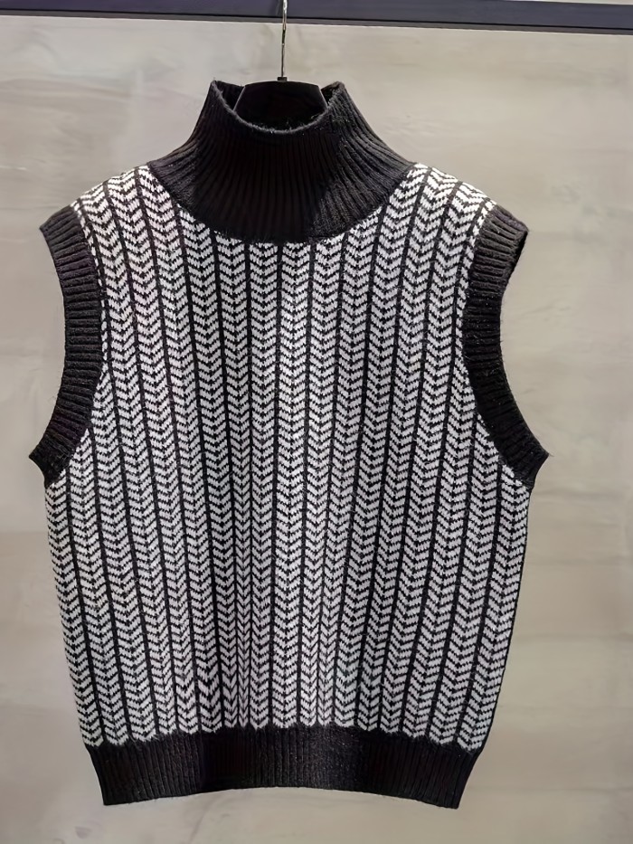 Chevron Print Sweater Vest, Casual High Neck Sleeveless Vest, Women's Clothing
