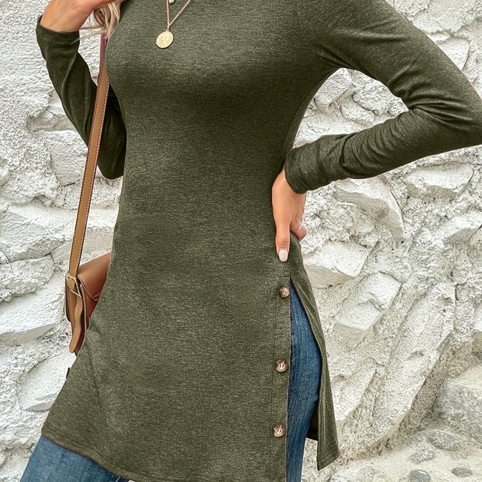 Solid Color Crew Neck Long Sleeve Middle Length Slit Hem T-Shirts, Stylish Fall Winter Tops, Women's Clothing