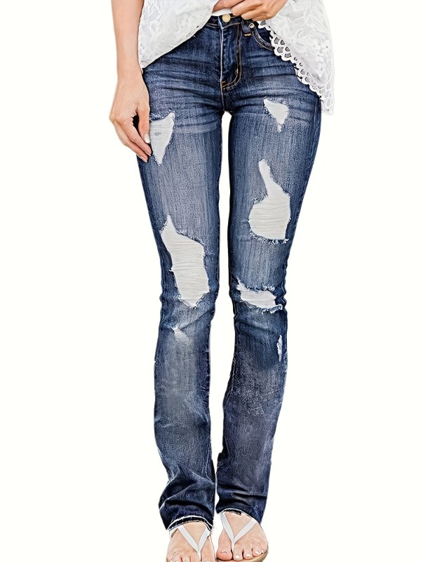 Ripped Holes Washed Bootcut Jeans, High Stretch Slant Pockes Denim Pants, Women's Denim Jeans & Clothing