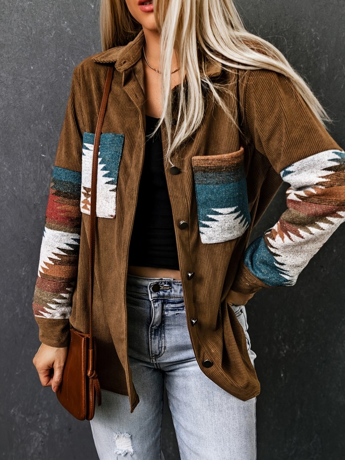 Aztec Pattern Color Block Jacket, Vintage Patched Pocket Corduroy Outwear For Fall & Winter, Women's Clothing