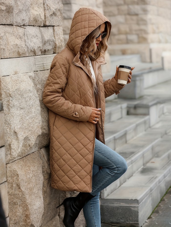Argyle Pattern Hooded Coat, Elegant Zip Up Long Sleeve Mid Length Outerwear, Women's Clothing