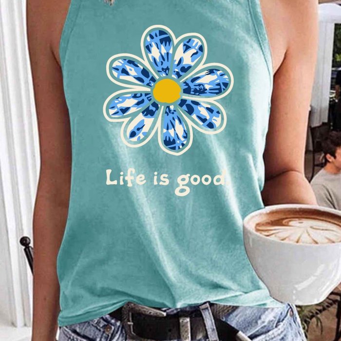 Floral & Letter Print Top, Casual Crew Neck Versatile Sleeveless Top, Women's Clothing