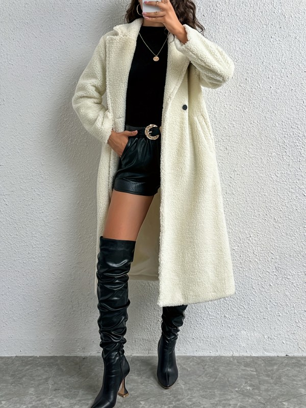 Solid Teddy Mid Length Coat, Elegant Long Sleeve Warm Outerwear, Women's Clothing
