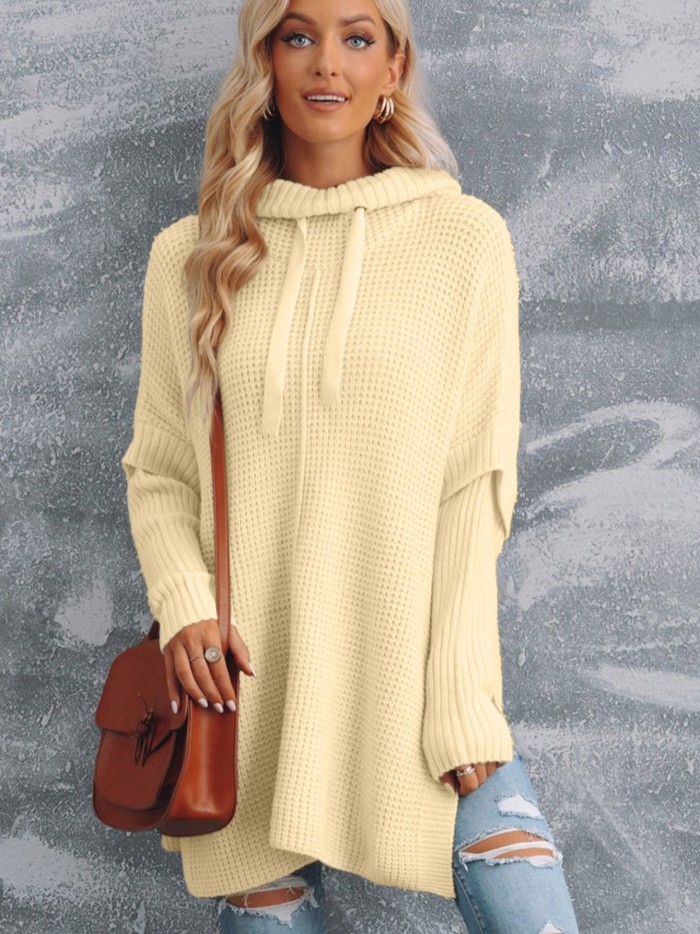 Women's Sweater Hooded Apricot Waffle Knit Loose Slit Drawstring Sweater