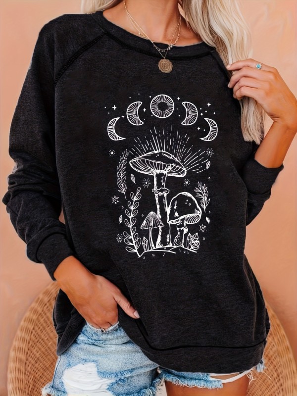 Mushroom Print Sweatshirt, Long Sleeve Crew Neck Pullover Sweatshirt, Casual Tops For Fall & Winter, Women's Clothing