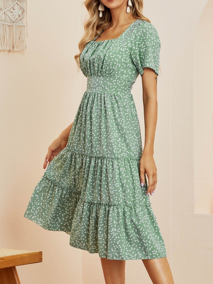 Heart Print Midi Dress, Square Neck Drop Shoulder A-Line Dress, Women's Classic Casual Dresses For All Seasons, Women's Clothing
