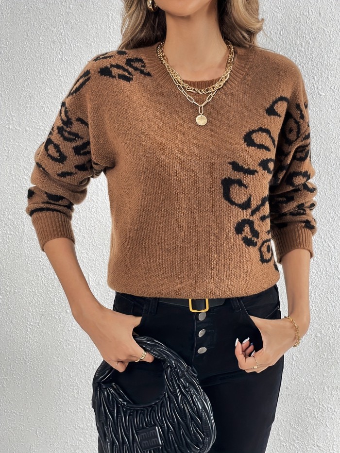 Leopard Print Knit Sweater, Casual Crew Neck Long Sleeve Sweater For Fall & Winter, Women's Clothing