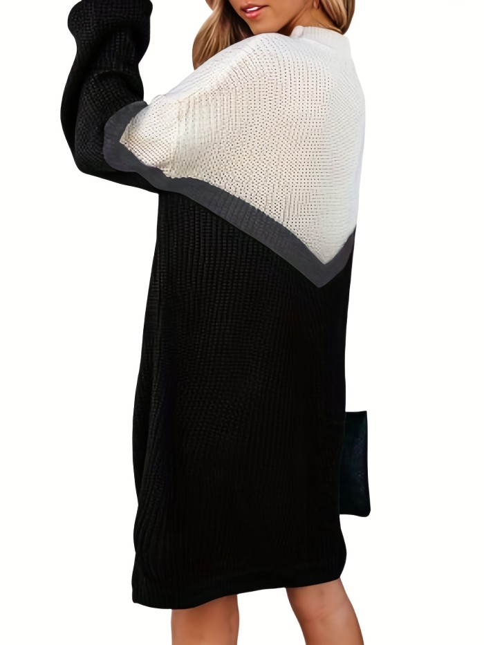 Colorblock Mock Neck Knitted Dress, Casual Long Sleeve Dress For Fall & Winter, Women's Clothing