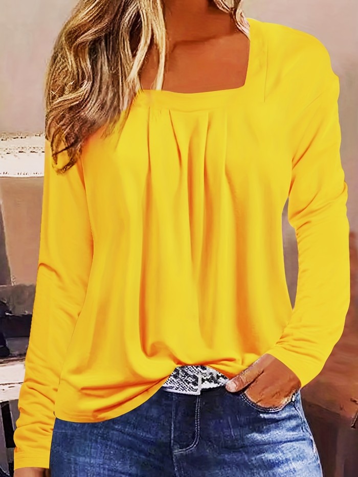 Solid Tucked T-shirt, Casual Squared Neck Long Sleeve T-shirt, Women's Clothing