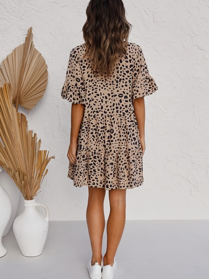 Leopard Print Button Tiered Dress, Ruffle Hem V Neck Short Sleeve Layered Dress, Casual Every Day Dress, Women's Clothing