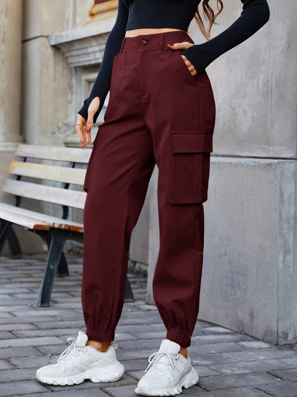 Solid Color Pocket Cargo Pants, Casual High Waist Jogger Pants, Women's Clothing