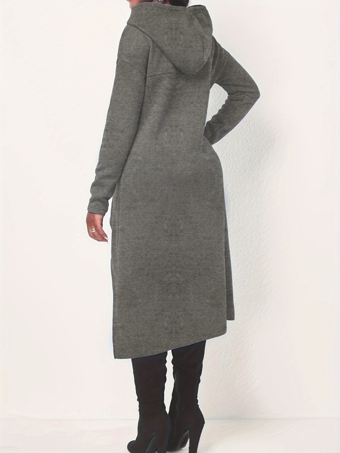 Solid Color Hig-low Hoodie, Casual Long Sleeve Drawstring Hoodie Sweatshirt, Women's Clothing