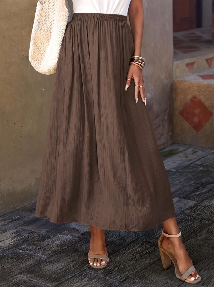 Solid Elastic Waist Loose Skirt, Elegant Ruffle Hem Midi Skirt With Pocket, Women's Clothing