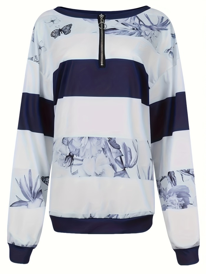 Floral Print Striped Zipper Pullover Sweatshirt, Casual Long Sleeve Sweatshirt For Fall & Winter, Women's Clothing
