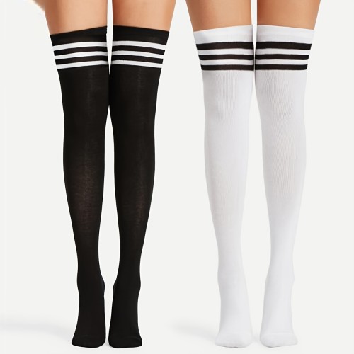 2pairs Womens Thigh High Socks Striped Over The Knee Socks Long Knee High Socks For Women