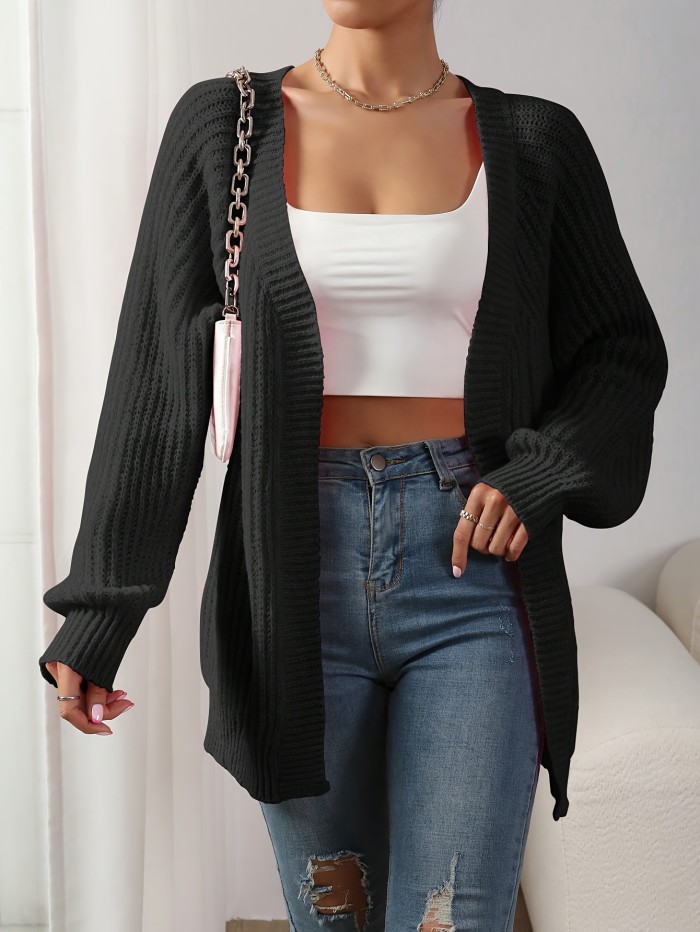 Solid Open Front Knit Cardigan, Elegant Long Sleeve Raglan Shoulder Sweater, Women's Clothing