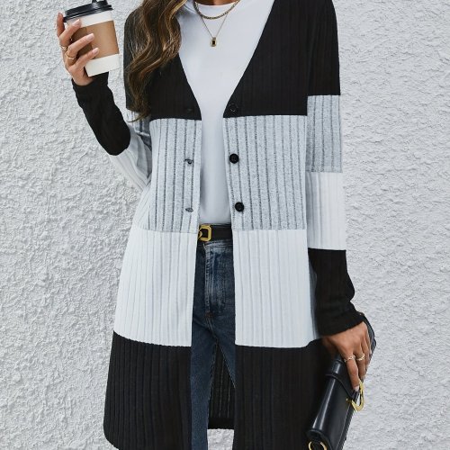 Color Block Button Front Knit Cardigan, Casual Long Sleeve Mid Length Sweater, Women's Clothing
