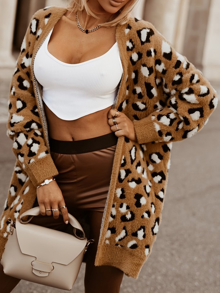 Leopard Pattern Open Front Knit Cardigan, Casual Long Sleeve Fleece Sweater Coat, Women's Clothing