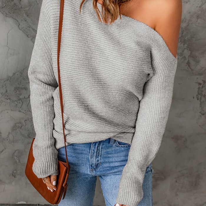 Solid Off Shoulder Sweater, Casual Long Sleeve Loose Fall Winter Knit Sweater, Women's Clothing