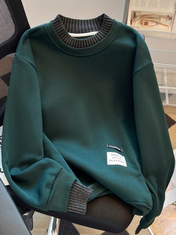 Solid Crew Neck Applique Sweatshirt, Long Sleeve Crew Neck Pullover Sweatshirt, Casual Tops For Fall & Winter, Women's Clothing