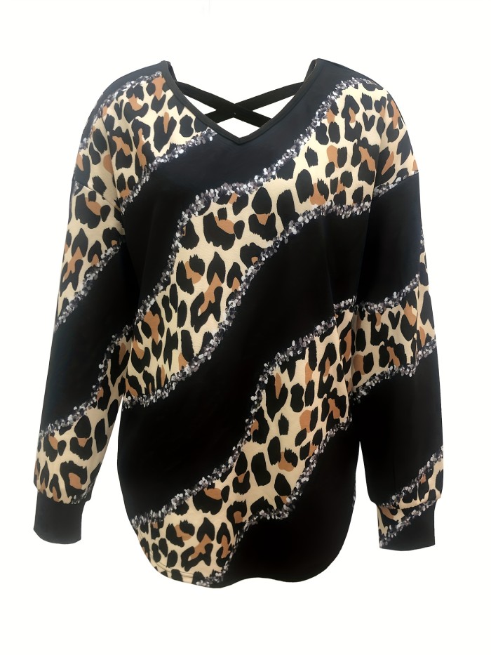 Leopard Print V Neck Top, Casual Crisscross Back Long Sleeve Top , Women's Clothing