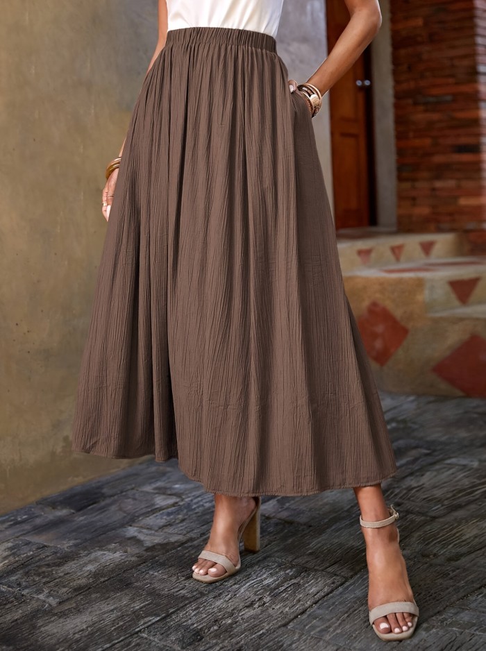 Solid Elastic Waist Loose Skirt, Elegant Ruffle Hem Midi Skirt With Pocket, Women's Clothing