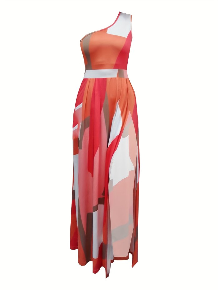 One Shoulder High Waist Dress, Side Slit Casual Dress For Spring & Summer, Women's Clothing