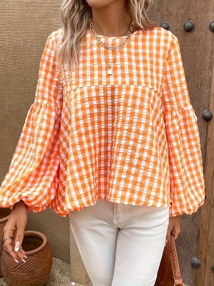 Plaid Print Crew Neck Blouse, Casual Long Lantern Sleeve Blouse For Spring & Fall, Women's Clothing