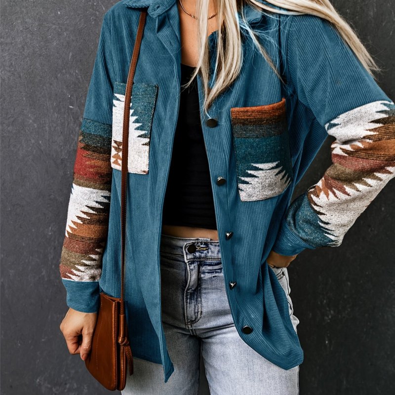 Aztec Pattern Color Block Jacket, Vintage Patched Pocket Corduroy Outwear For Fall & Winter, Women's Clothing