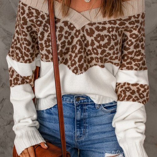 Women's Sweater Leopard Splicing Off Shoulder Pullover Sweater