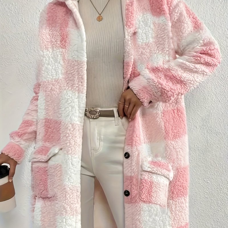 Plaid Fuzzy Button Front Coat, Casual Long Sleeve Warm Outerwear, Women's Clothing