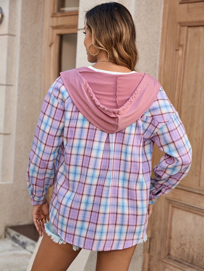 Plaid Pattern Hooded Shirt, Casual Long Sleeve Button Front Top, Women's Clothing