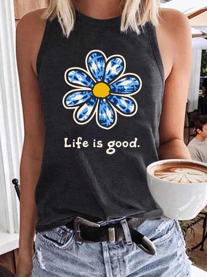 Floral & Letter Print Top, Casual Crew Neck Versatile Sleeveless Top, Women's Clothing