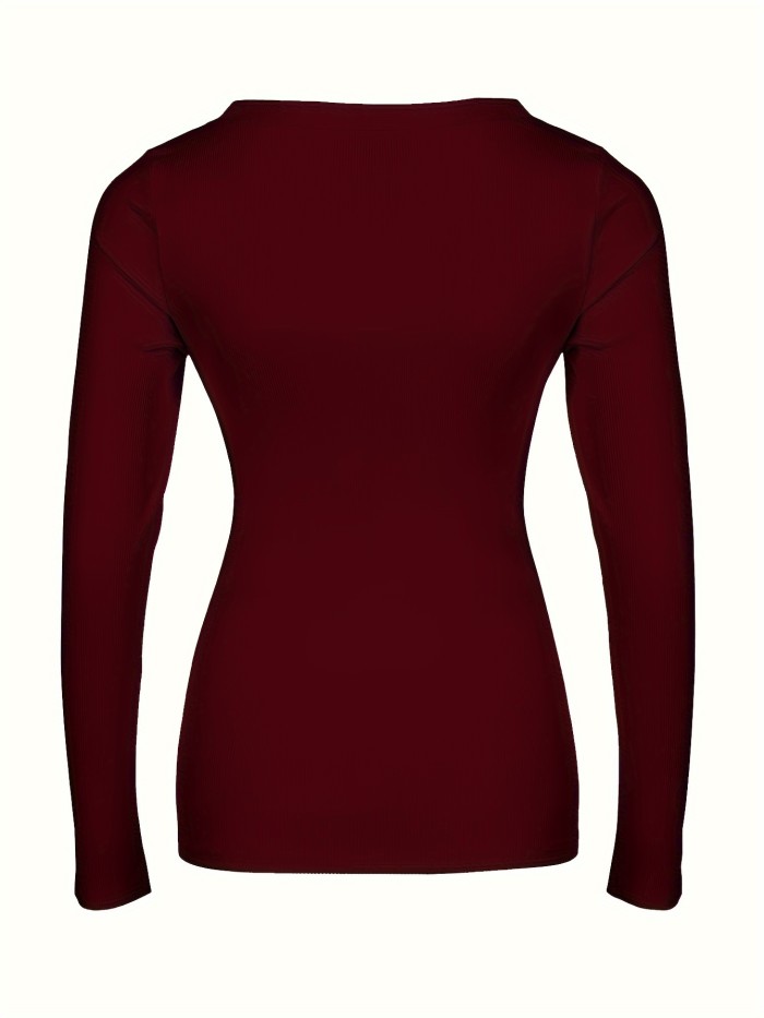 Solid Ribbed Square Neck T-shirt, Casual Long Sleeve T-Shirt For Spring & Fall, Women's Clothing
