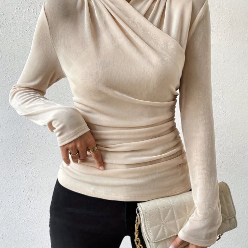 Ruched Surplice Neck T-Shirt, Casual Long Sleeve Top For Spring & Fall, Women's Clothing