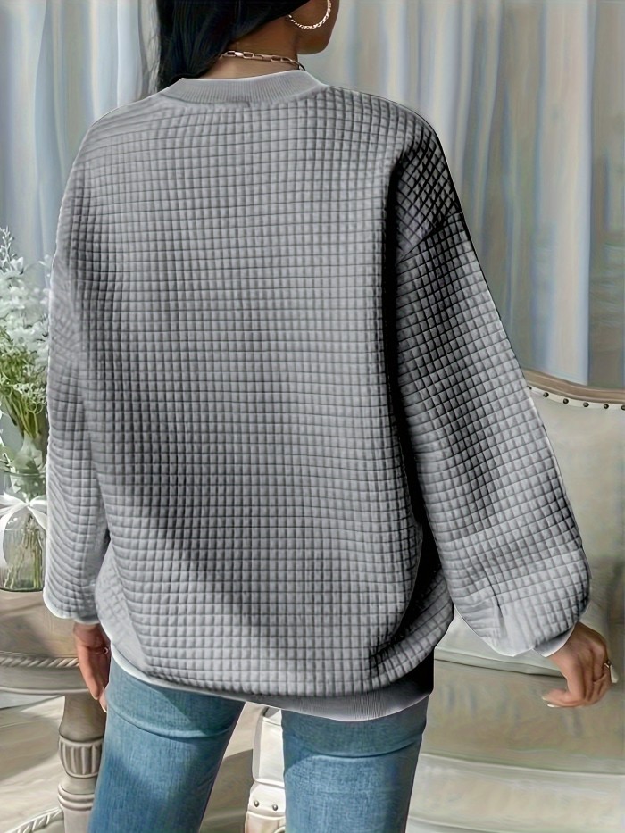 Waffle Loose Sweatshirt, Casual Long Sleeve Crew Neck Sweatshirt, Women's Clothing