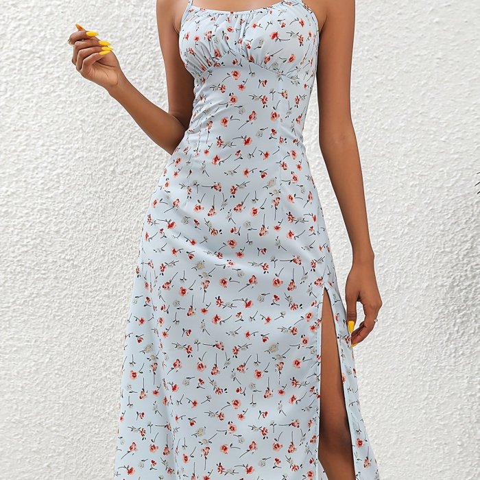 Floral Print Spaghetti Dress, Elegant Split Backless Cami Dress, Women's Clothing