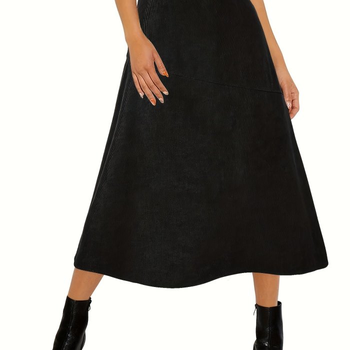 Solid High Waist Corduroy Skirt, Casual A Swing Midi Skirt For Spring & Fall, Women's Clothing