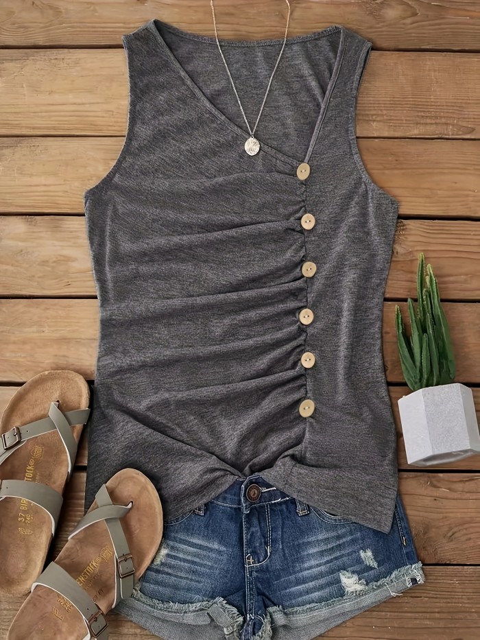 Solid Ruched Button Decor Tank Top, Casual Summer Sleeveless Top, Women's Clothing