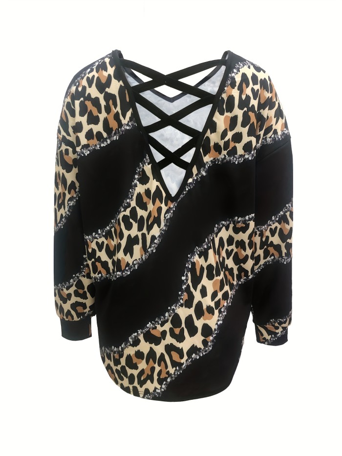 Leopard Print V Neck Top, Casual Crisscross Back Long Sleeve Top , Women's Clothing