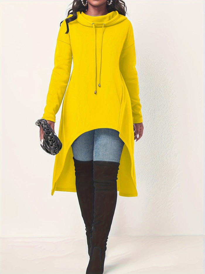Solid Color Hig-low Hoodie, Casual Long Sleeve Drawstring Hoodie Sweatshirt, Women's Clothing