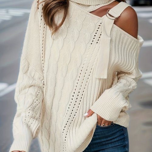 Solid Turtle Neck Cold Shoulder Sweater, Casual Long Sleeve Sweater For Fall & Winter, Women's Clothing