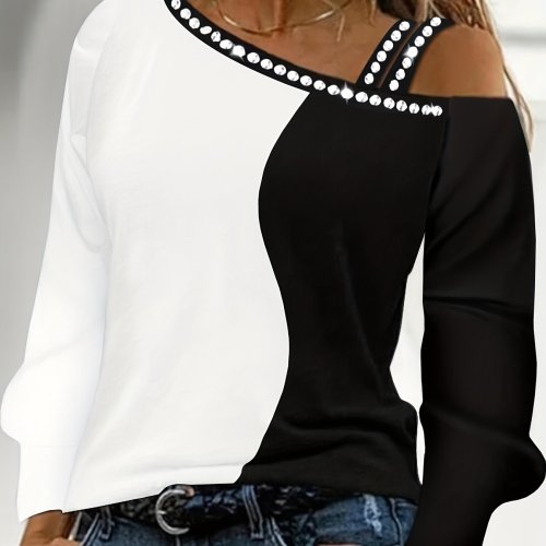 Rhinestone Color Block T-Shirt, Casual Long Sleeve Cold Shoulder T-Shirt, Women's Clothing