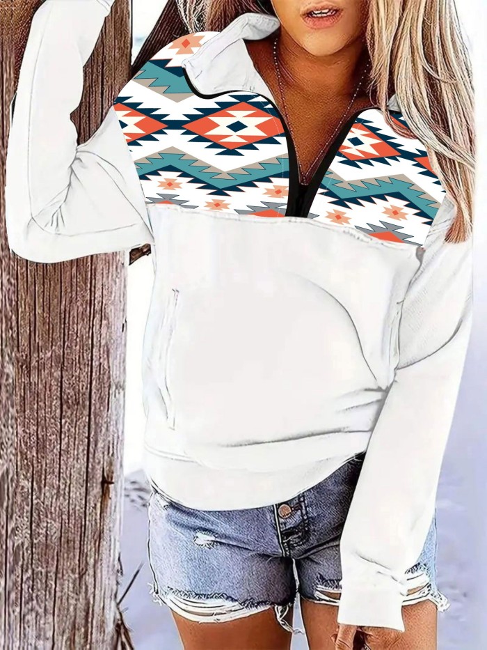 Boho Pattern Stitching Long Sleeve Zip Up Pockets Hoodies, Fall Winter Pullover Sweatshirt, Women's Clothing