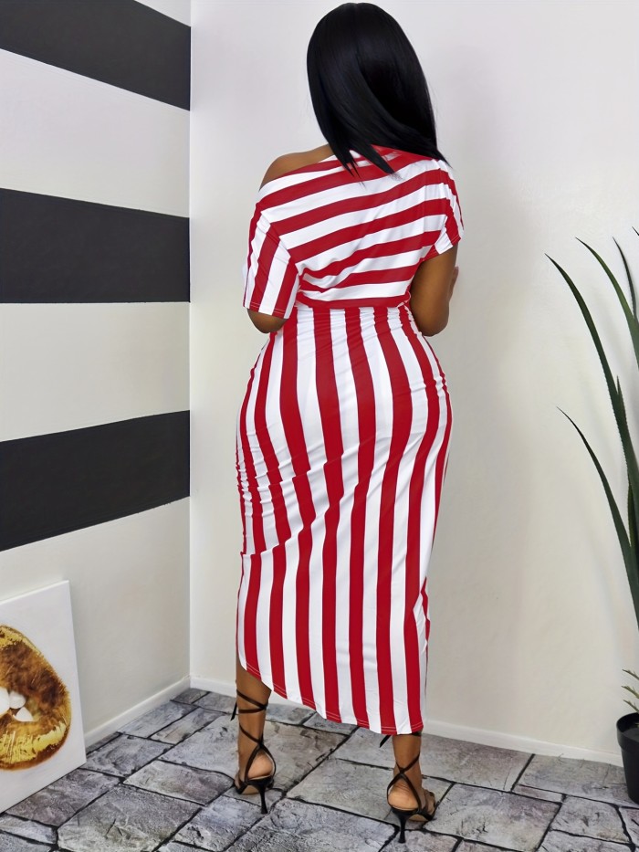 Striped Off Shoulder Dress, Casual Asymmetrical Short Sleeve Dress, Women's Clothing