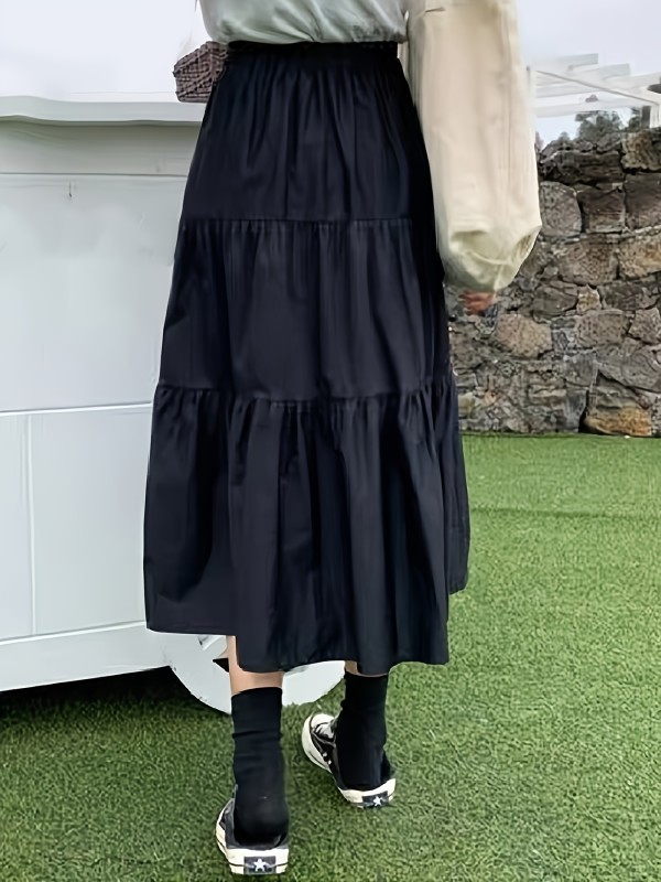 Solid Elastic High Waist Skirt, Casual Ruffle Hem Midi Skirt, Women's Clothing