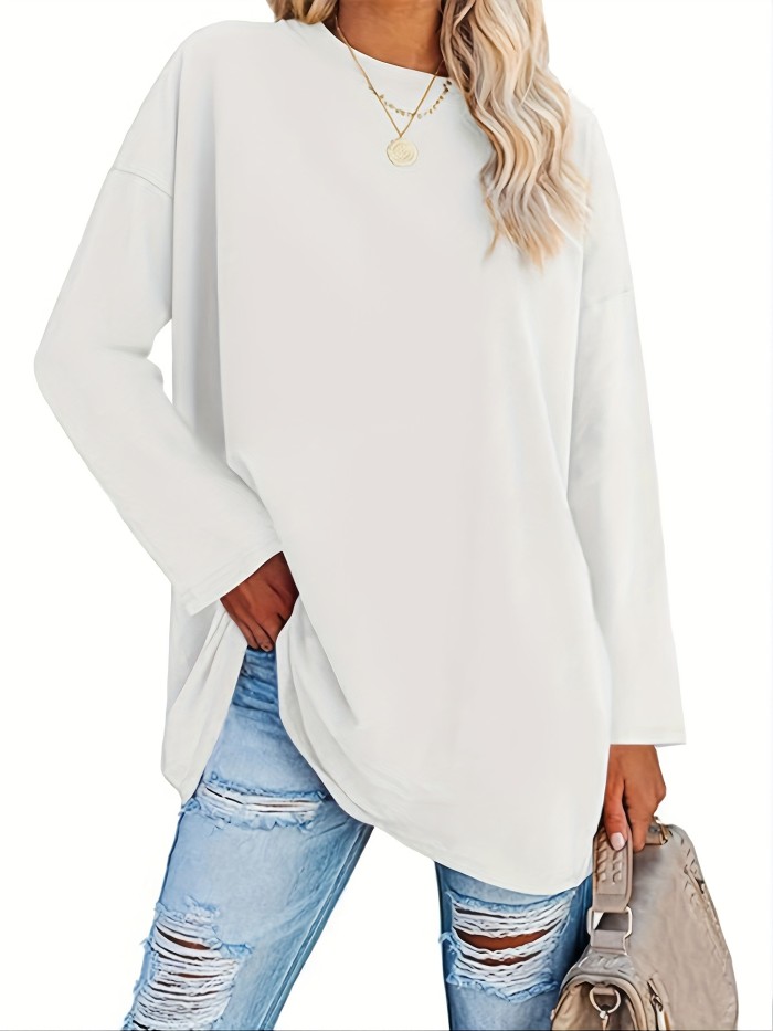 Basic Loose Solid T-Shirt, Casual Long Sleeve Crew Neck T-Shirt, Casual Every Day Tops, Women's Clothing