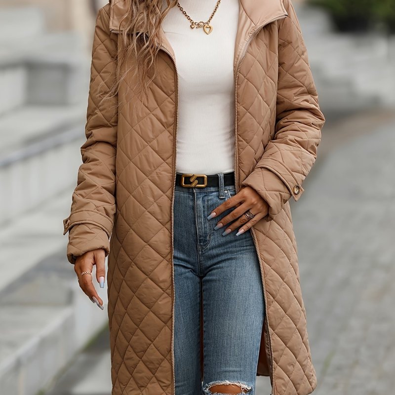 Argyle Pattern Hooded Coat, Elegant Zip Up Long Sleeve Mid Length Outerwear, Women's Clothing